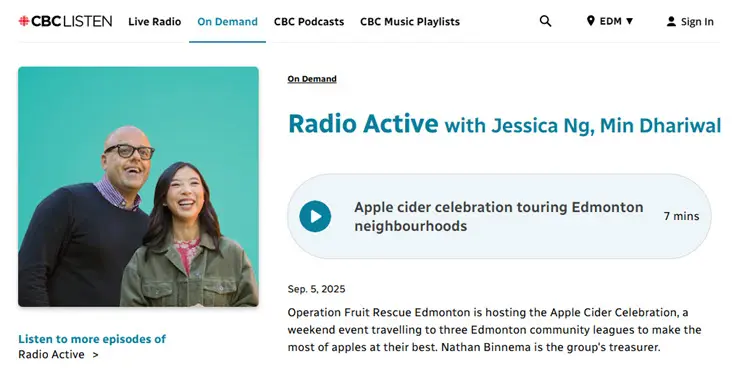 CBC Radio Active interview of Operation Fruit Rescue Edmonton treasurer Nathan Binnema about the Apple Cider Celebration