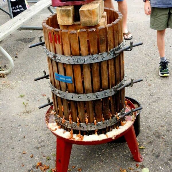 Fruit press pressing apples for their juice at a workshop in Edmonton