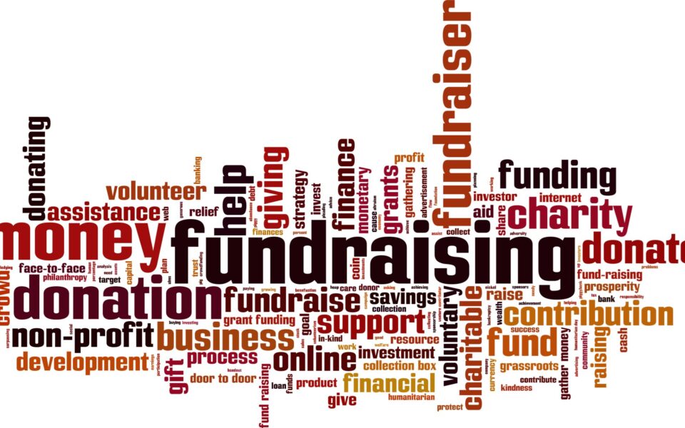 Word cloud showing fundraising, funding, support, donate, non-profit and other related phrases