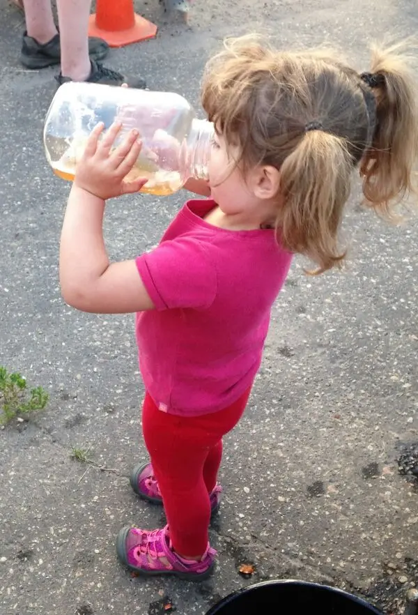 Little Girl Drinking Apple Juice From a Mason Jar