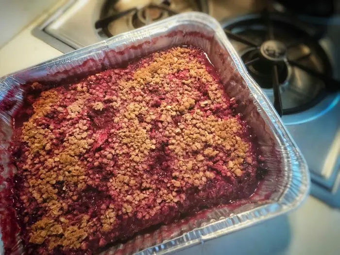 This Rhubarb Haskap Crisp Adapts All Year — Here’s How to Make It 3 Rhubarb Haskap Crisp Cooling in Pan on the Stove