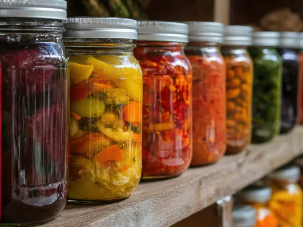 Rows of Sealed Mason Jars on Wooden Shelf 600